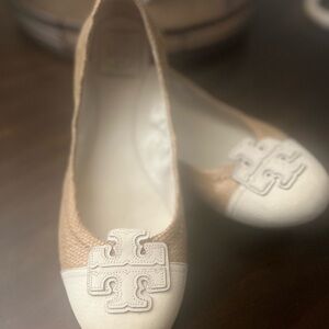 Tory Burch Tan and White Flats with Geometric Emblem